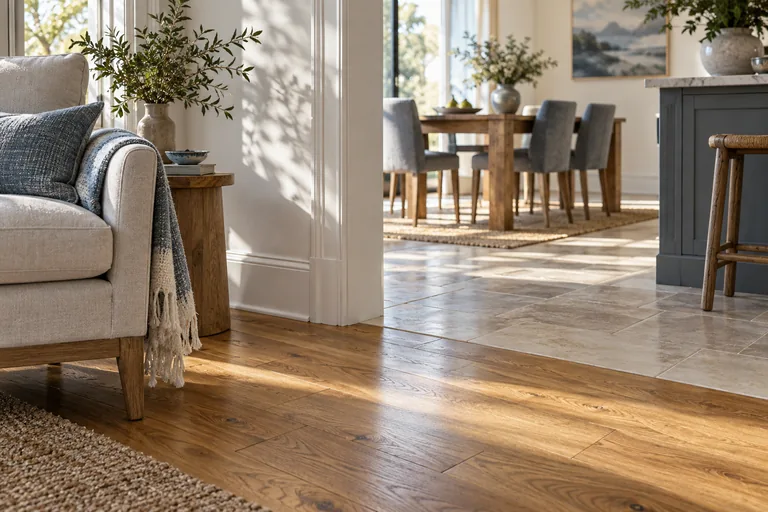 Oak floorboards and pale tile in a sunlit home.